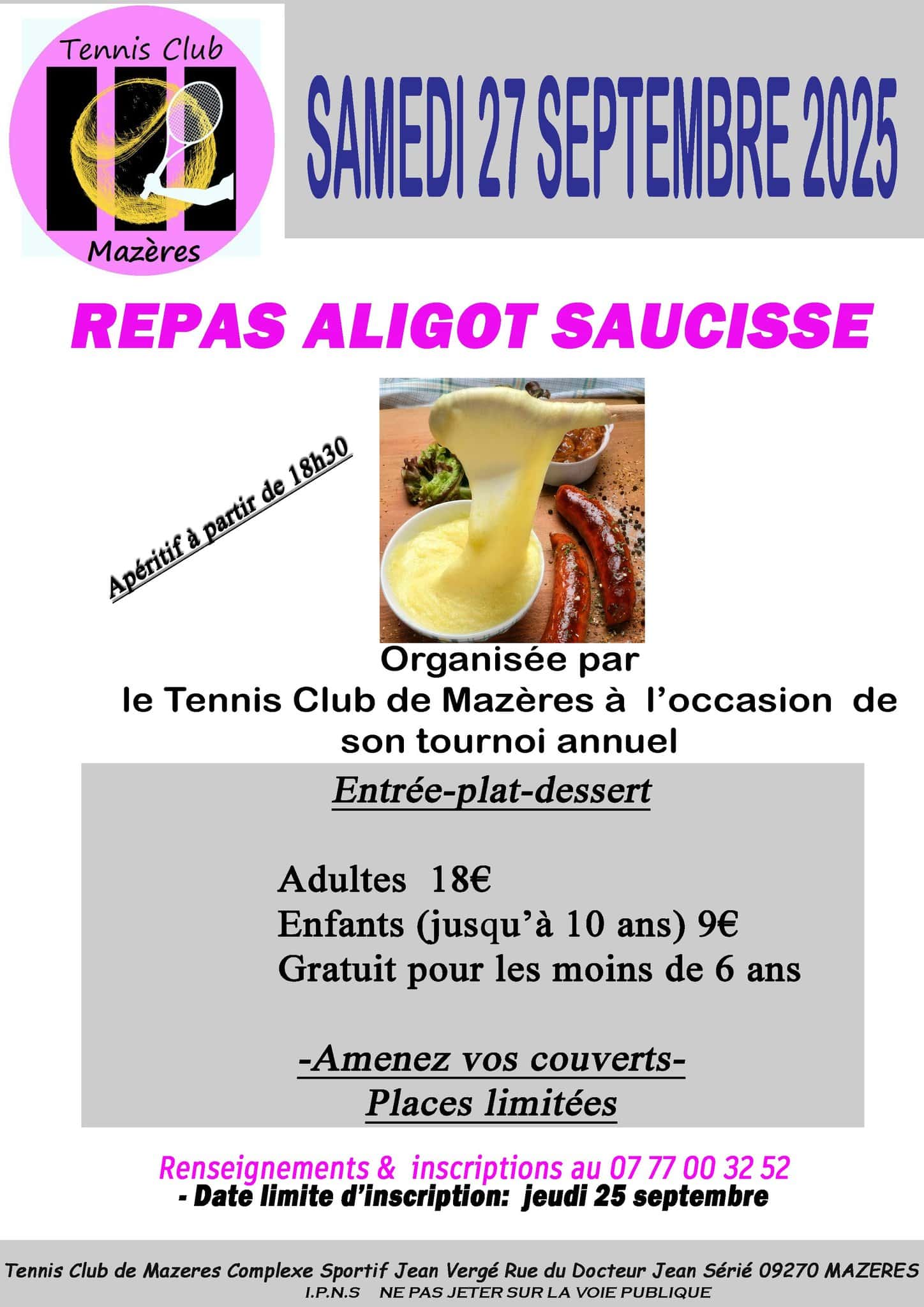 Repas aligot saucisse tennis Mazères 27/09